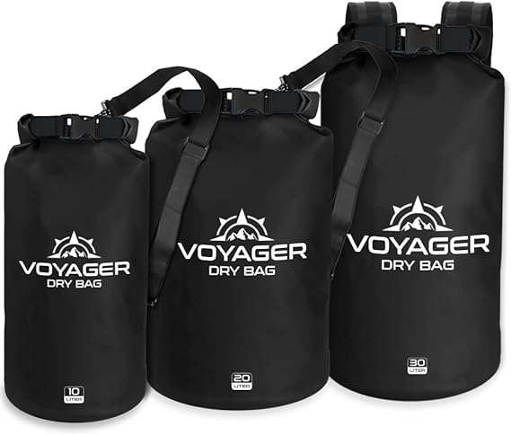 Three black Voyager dry bags of 10l, 20l and 30l capacity waterproof roll-top dry bag with detachable shoulder strap and free IPX8 phone case for kayaking and beach trips.