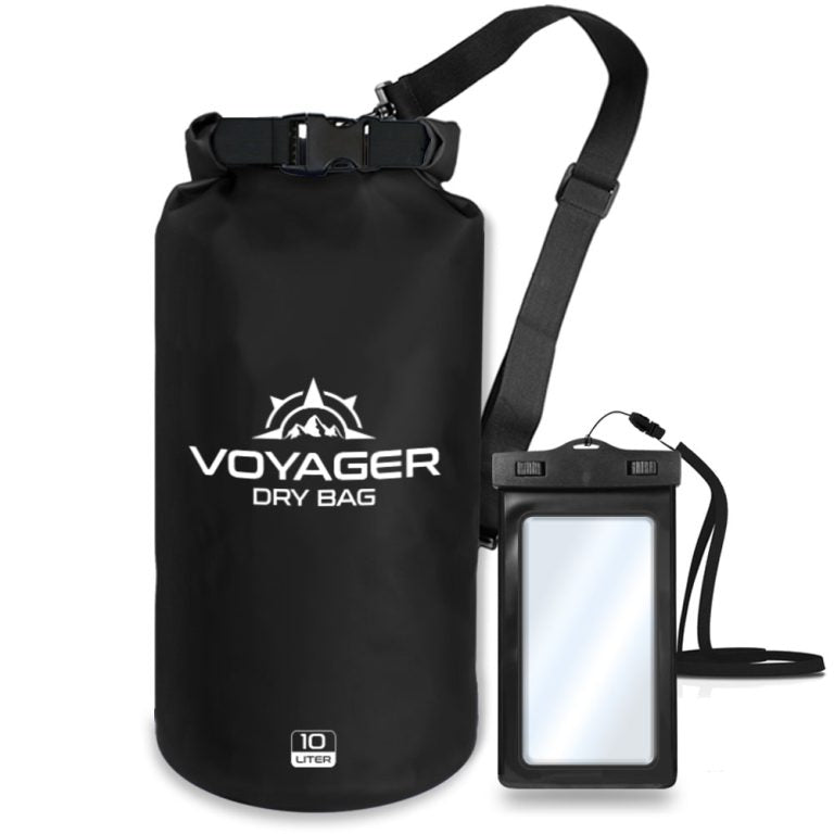 Voyager 10L waterproof roll-top dry bag with detachable shoulder strap and free IPX8 phone case for kayaking and beach trips with a black color.