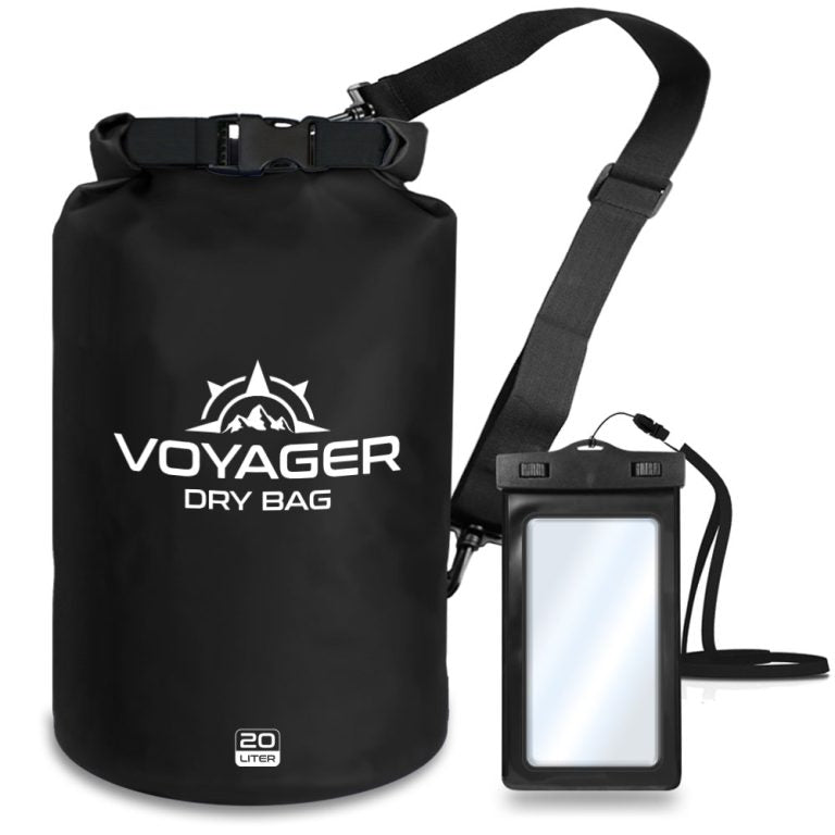 Voyager 20L waterproof roll-top dry bag with detachable shoulder strap and free IPX8 phone case for kayaking and beach trips with a black color.