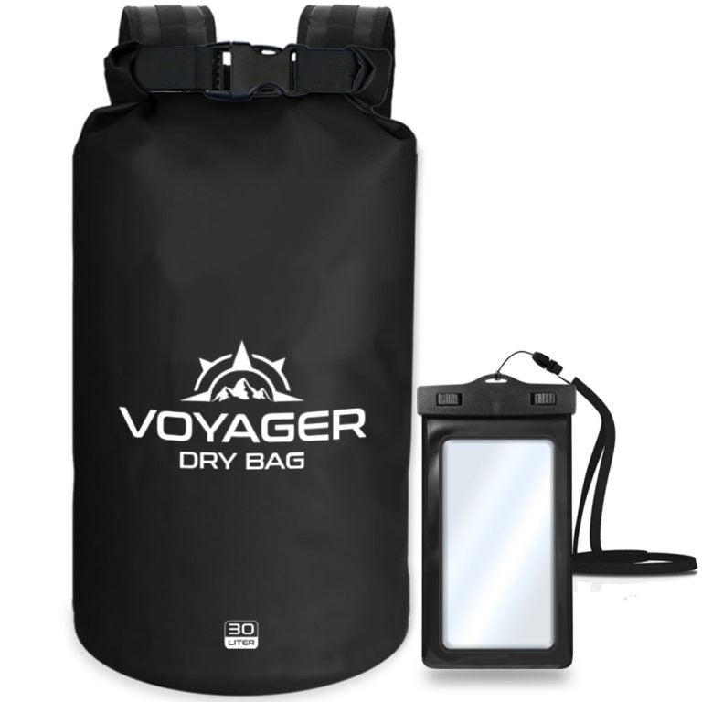 Voyager 30L waterproof roll-top dry bag with detachable shoulder strap and free IPX8 phone case for kayaking and beach trips with a black color.
