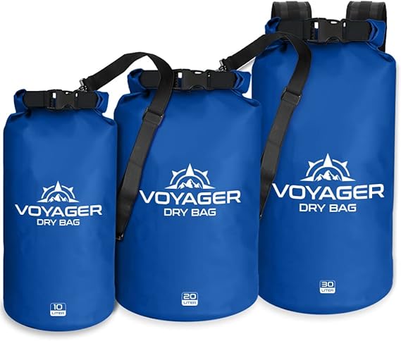 Three blue Voyager dry bags of 10l, 20l and 30l capacity waterproof roll-top dry bag with detachable shoulder strap and free IPX8 phone case for kayaking and beach trips.