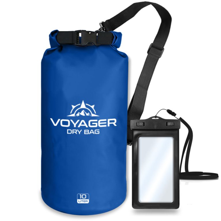 Voyager 10L waterproof roll-top dry bag with detachable shoulder strap and free IPX8 phone case for kayaking and beach trips with a blue color.