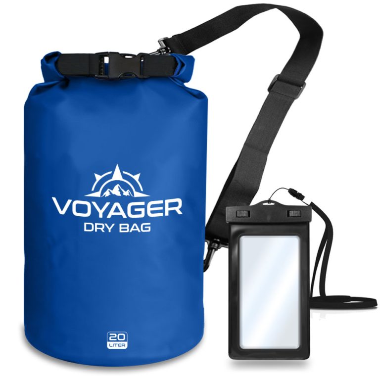 Voyager 20L waterproof roll-top dry bag with detachable shoulder strap and free IPX8 phone case for kayaking and beach trips with a blue color.