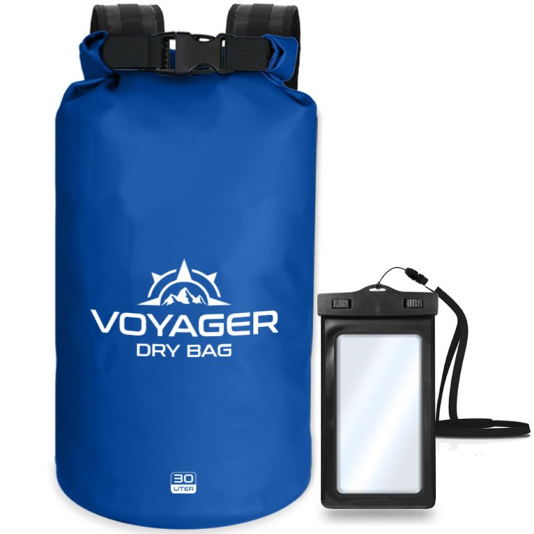 Voyager 30L waterproof roll-top dry bag with detachable shoulder strap and free IPX8 phone case for kayaking and beach trips with a blue color.