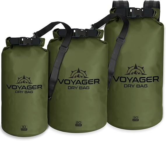 Three green Voyager dry bags of 10l, 20l and 30l capacity waterproof roll-top dry bag with detachable shoulder strap and free IPX8 phone case for kayaking and beach trips.