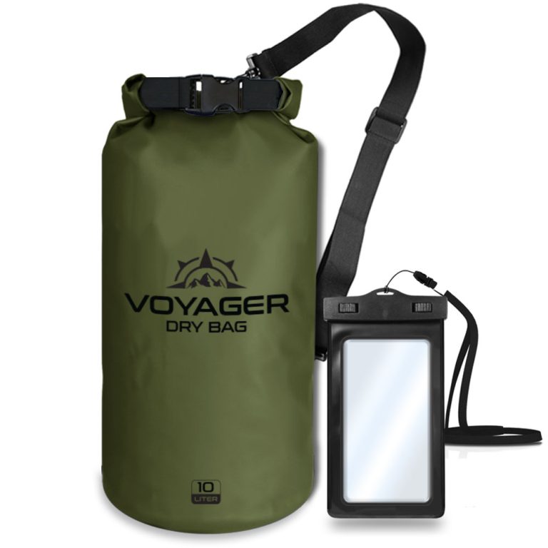 Voyager 10L waterproof roll-top dry bag with detachable shoulder strap and free IPX8 phone case for kayaking and beach trips with a green color.
