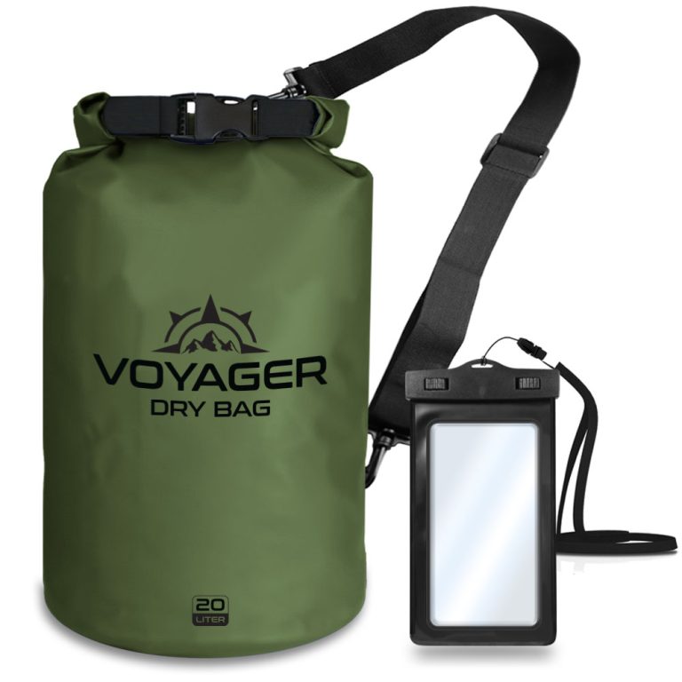 Voyager 20L waterproof roll-top dry bag with detachable shoulder strap and free IPX8 phone case for kayaking and beach trips with a green color.