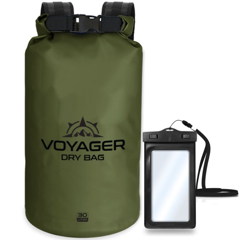 Voyager 30L waterproof roll-top dry bag with detachable shoulder strap and free IPX8 phone case for kayaking and beach trips with a green color.