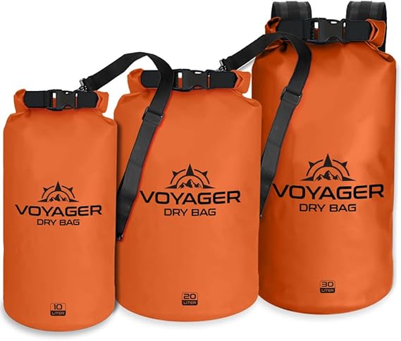 Three orange Voyager dry bags of 10l, 20l and 30l capacity waterproof roll-top dry bag with detachable shoulder strap and free IPX8 phone case for kayaking and beach trips.