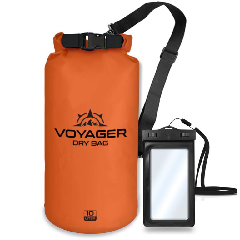 Voyager 10L waterproof roll-top dry bag with detachable shoulder strap and free IPX8 phone case for kayaking and beach trips with a Orange color.