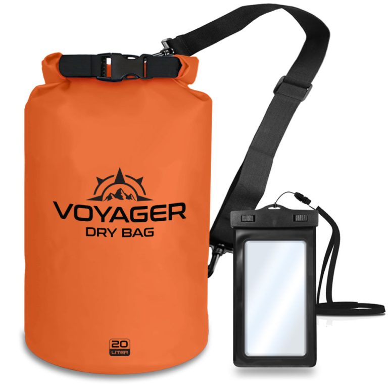 Voyager 20L waterproof roll-top dry bag with detachable shoulder strap and free IPX8 phone case for kayaking and beach trips with a orange color.