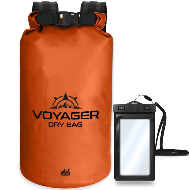 Voyager 30L waterproof roll-top dry bag with detachable shoulder strap and free IPX8 phone case for kayaking and beach trips with a orange color.