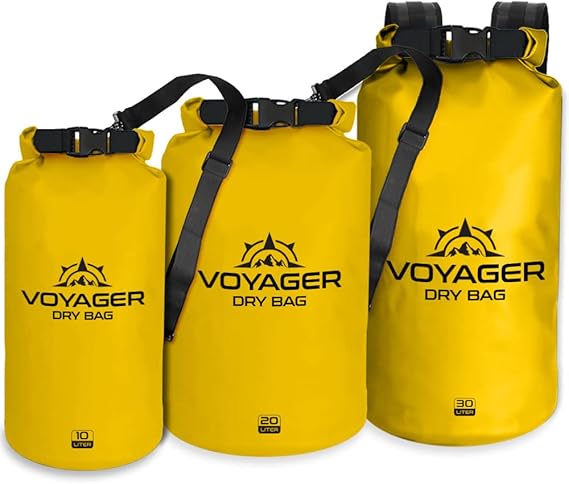 Three yellow Voyager dry bags of 10l, 20l and 30l capacity waterproof roll-top dry bag with detachable shoulder strap and free IPX8 phone case for kayaking and beach trips.