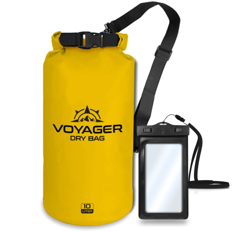 Voyager 10L waterproof roll-top dry bag with detachable shoulder strap and free IPX8 phone case for kayaking and beach trips with a yellow color.