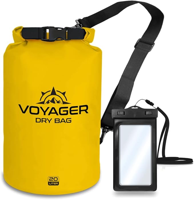 Voyager 20L waterproof roll-top dry bag with detachable shoulder strap and free IPX8 phone case for kayaking and beach trips with a yellow color.