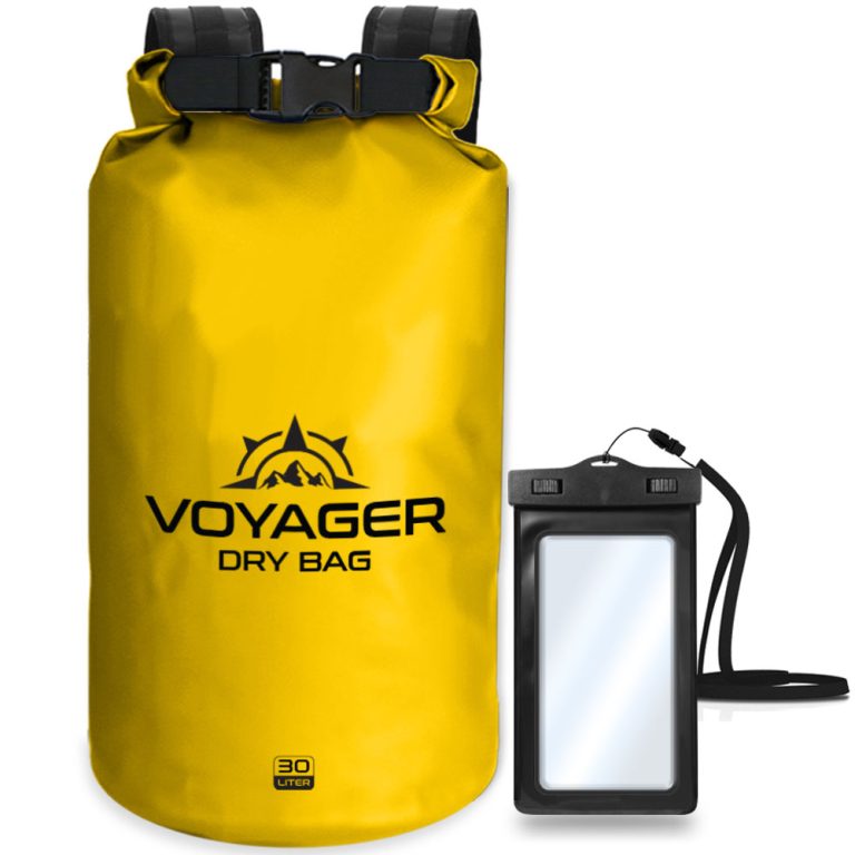 Voyager 30L waterproof roll-top dry bag with detachable shoulder strap and free IPX8 phone case for kayaking and beach trips with a yellow color.