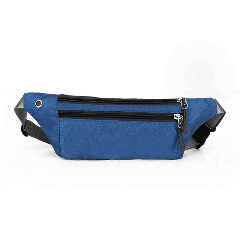 Blue waterproof running belt with adjustable strap and multiple pockets for keys, cards and phone