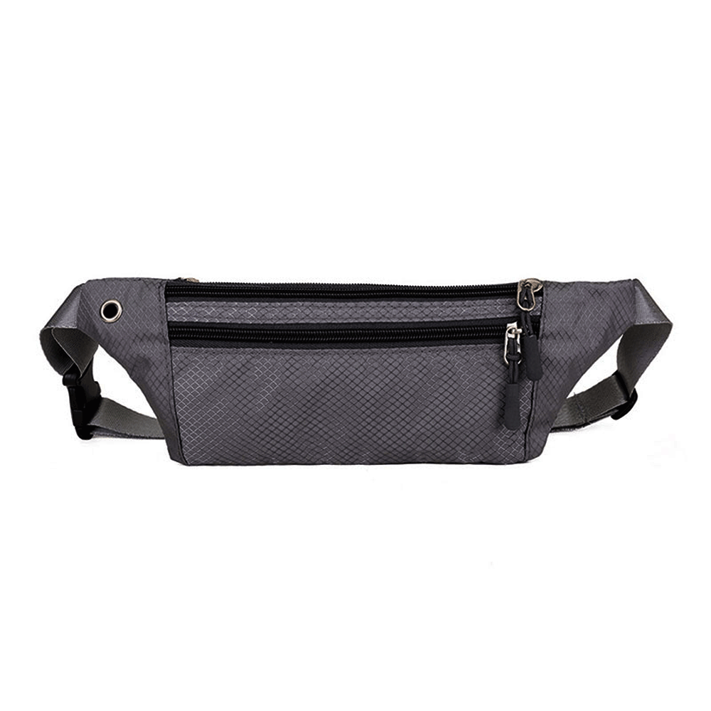 Gray waterproof waist pack with headphone port and secure zip pockets for phone, cash and passport