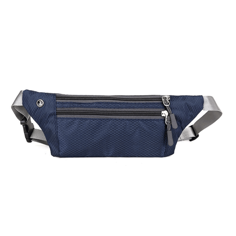Navy waterproof travel waist pack with low-profile design and three zipper pockets