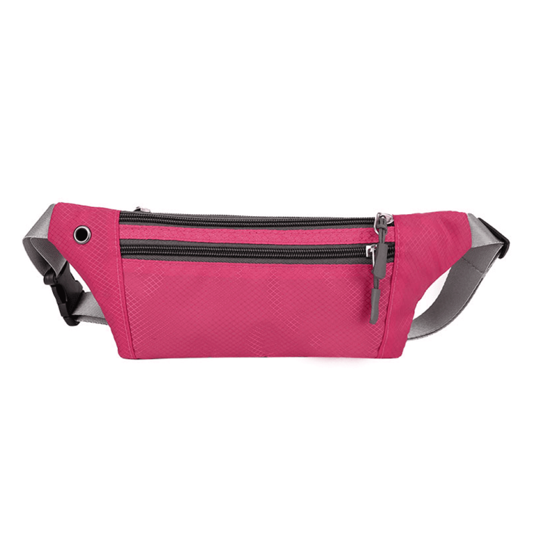 Pink waterproof waist pack with slim profile and secure zip pockets for travel and jogging