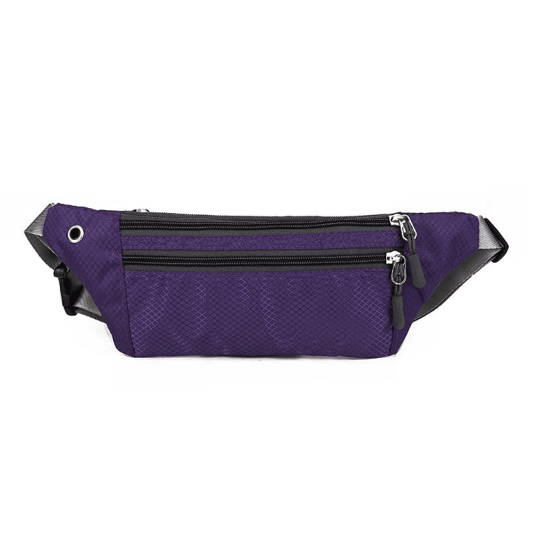 Purple waterproof fanny pack with adjustable strap and headphone port for workouts and hikes