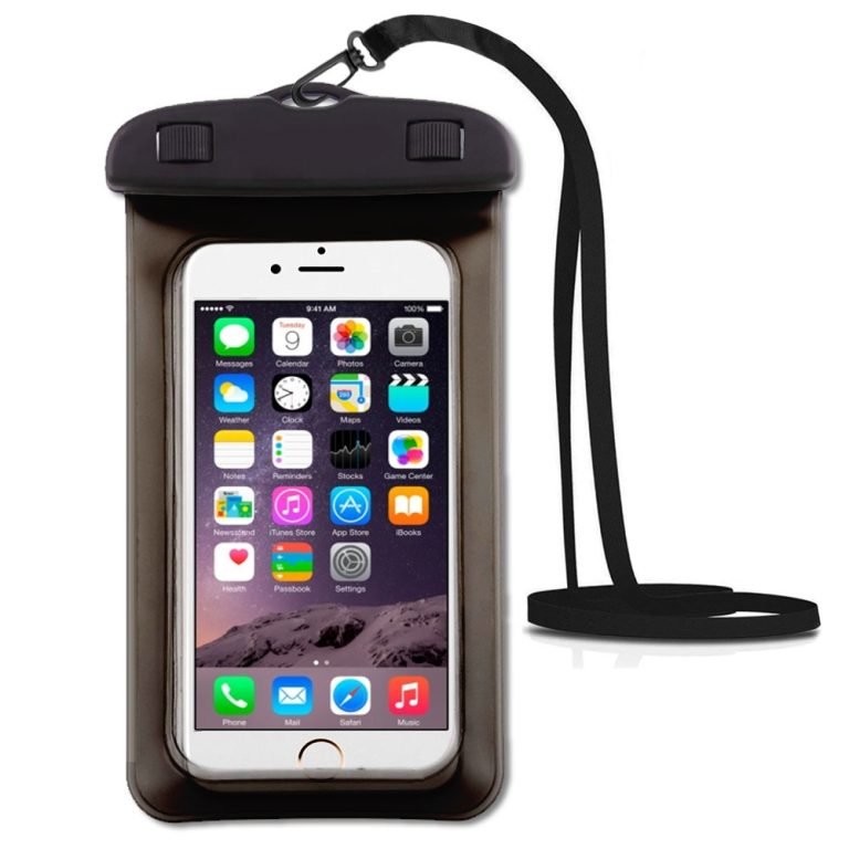 Black IPX8 waterproof phone bag pouch with lanyard, protects phone, cash and cards for water sports
