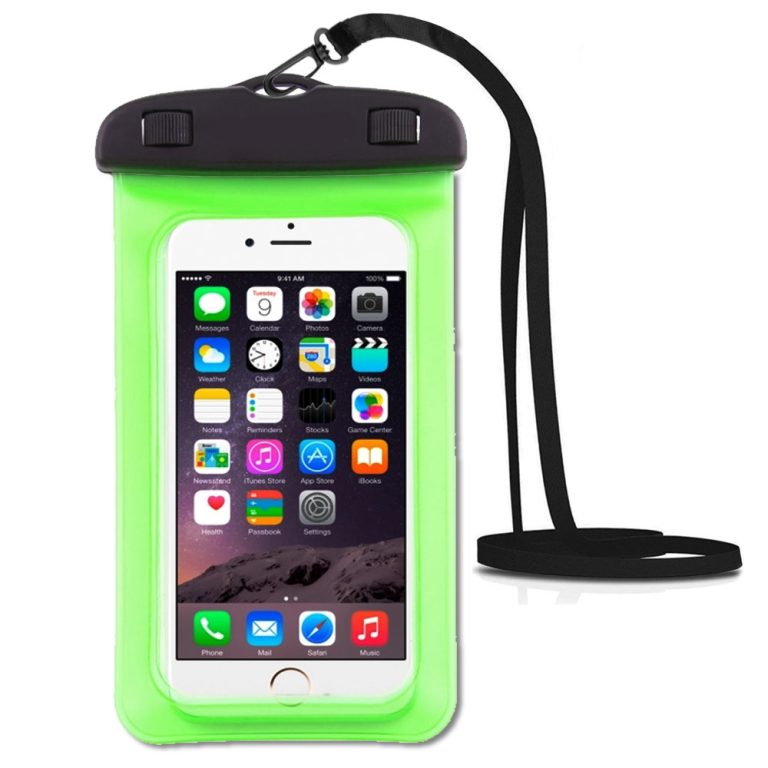 Green waterproof phone bag, clear window for photos and screen use; seal keeps out water, sand and dust