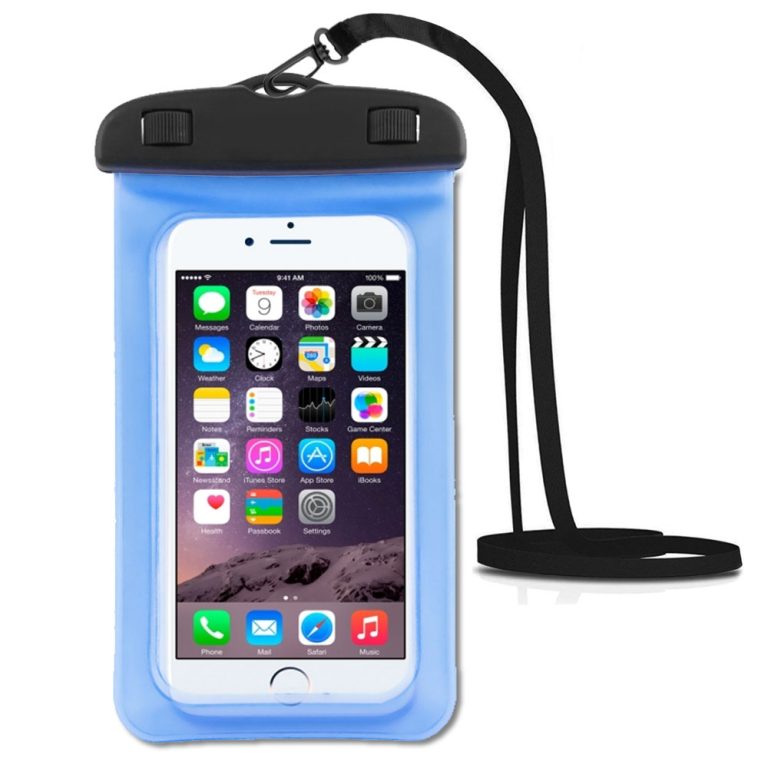 Light blue IPX8 waterproof phone bag with snap seal and lanyard, fits most phones up to 6 inches