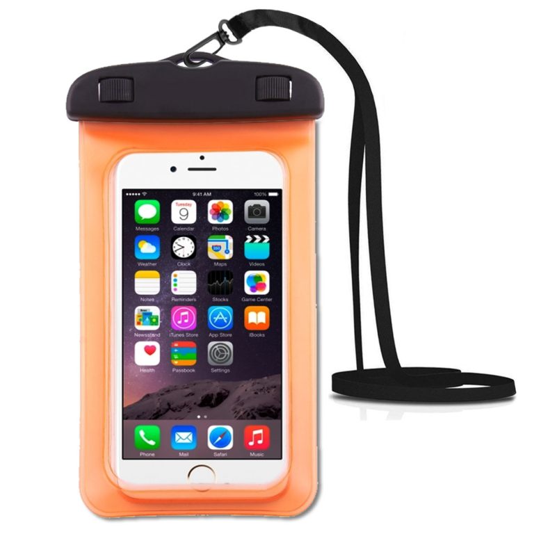 Orange waterproof cell phone pouch, easy to spot, touch-friendly window and secure seal