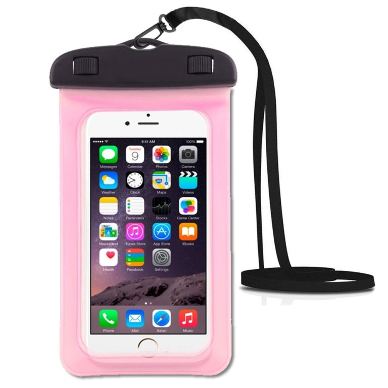 Pink IPX8 waterproof phone pouch with lanyard, keeps phone, cash and ID dry