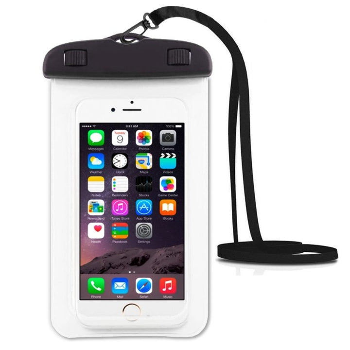White waterproof phone pouch with transparent front, touch-friendly dry bag for beach and pool days