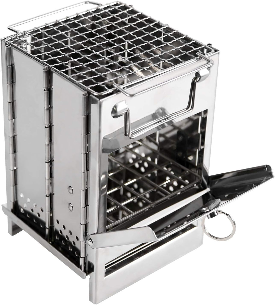 Stainless steel folding wood burning camp stove with grill top in use outdoors