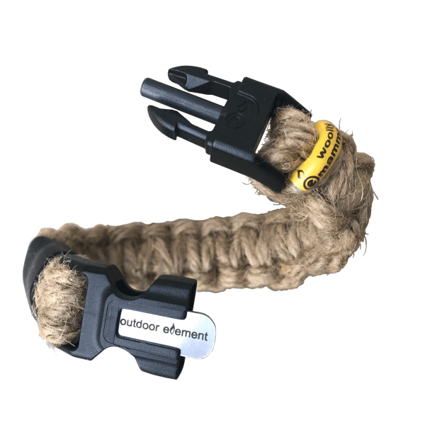 Woolly Mammoth survival jute bracelet with EverSpark fire-starting buckle and ranger band